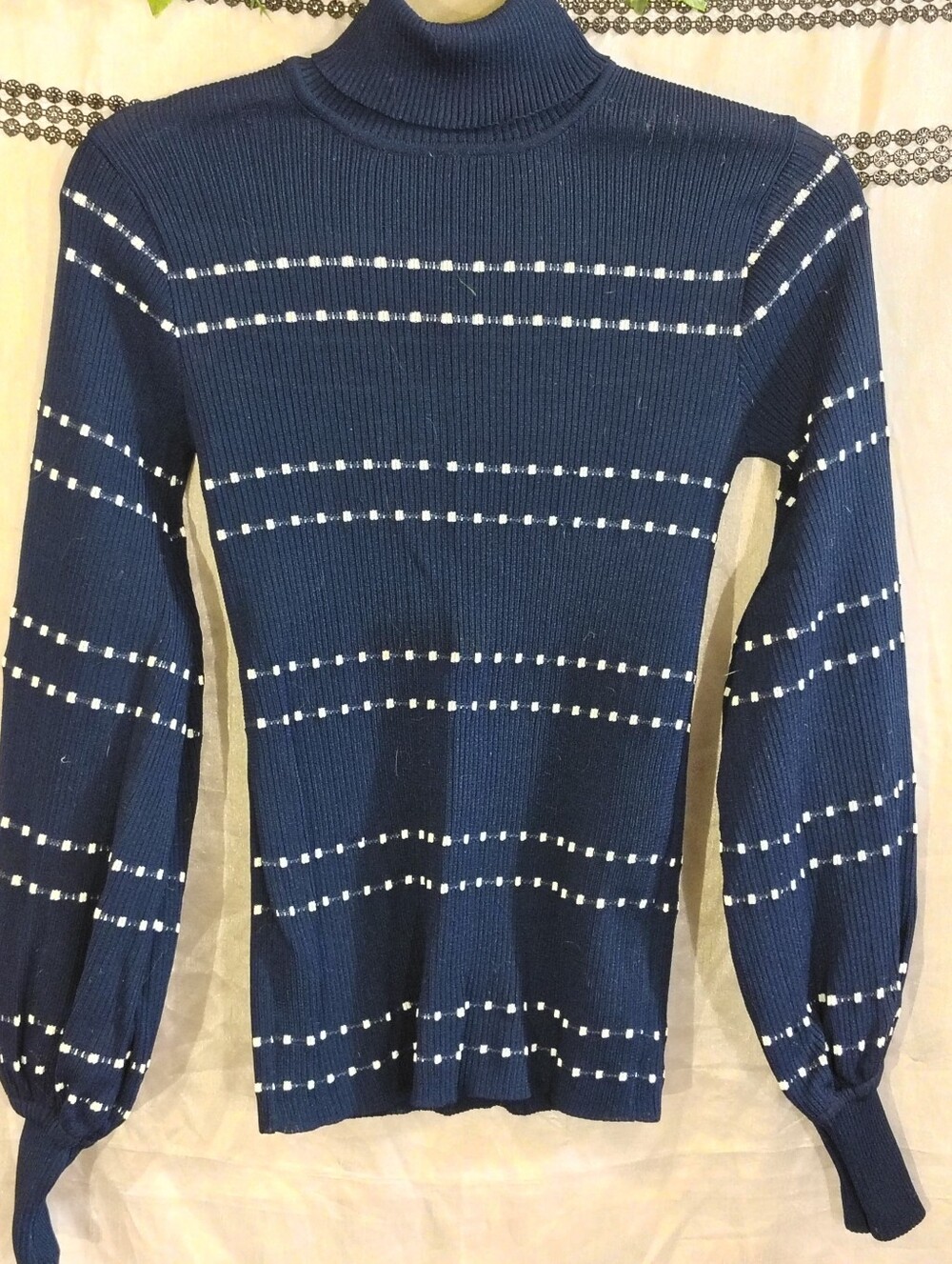 Vintage Navy Blue Polka Dot Turtleneck Sweater Lantern Sleeve British Hong Kong